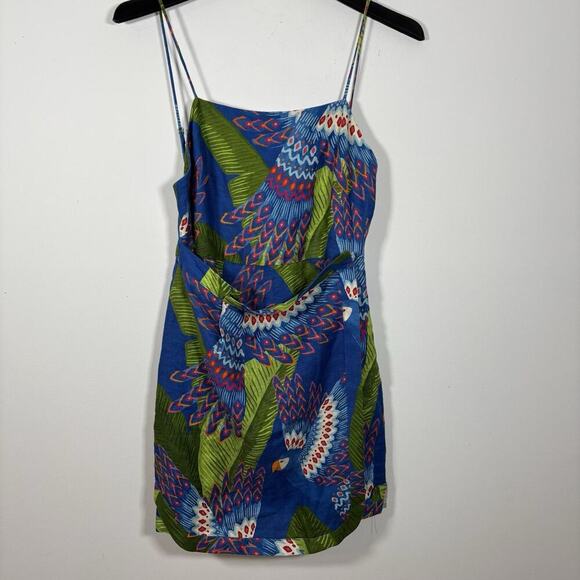 FARM RIO Mini Wrap Dress Small Blue Macaw Print 100% Linen NWT Colorful Tropical - Picture 2 of 8